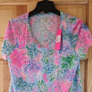 Lilly Pulitzer short sleeve blouse ladies large, celestial Blue, Cay to my heart